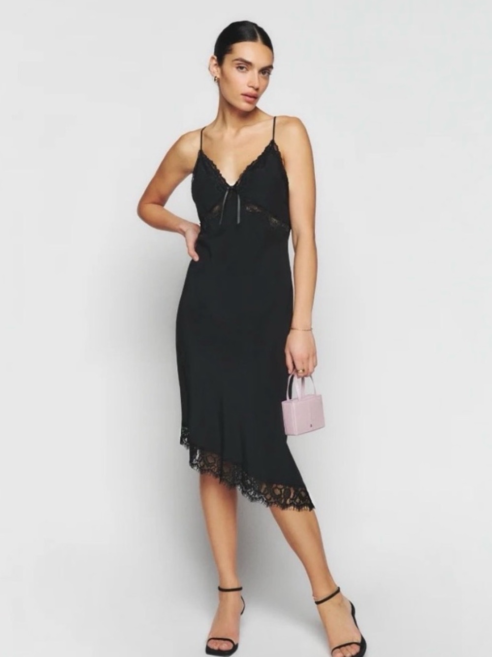 Reformation Black Milania silk midi asymmetric lace trimmed dress